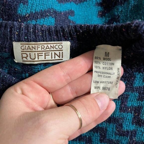 Vintage Gianfranco Ruffuni Blue Donegal Fleck Geometric Ski Wool Sweater Sz M - Picture 3 of 7